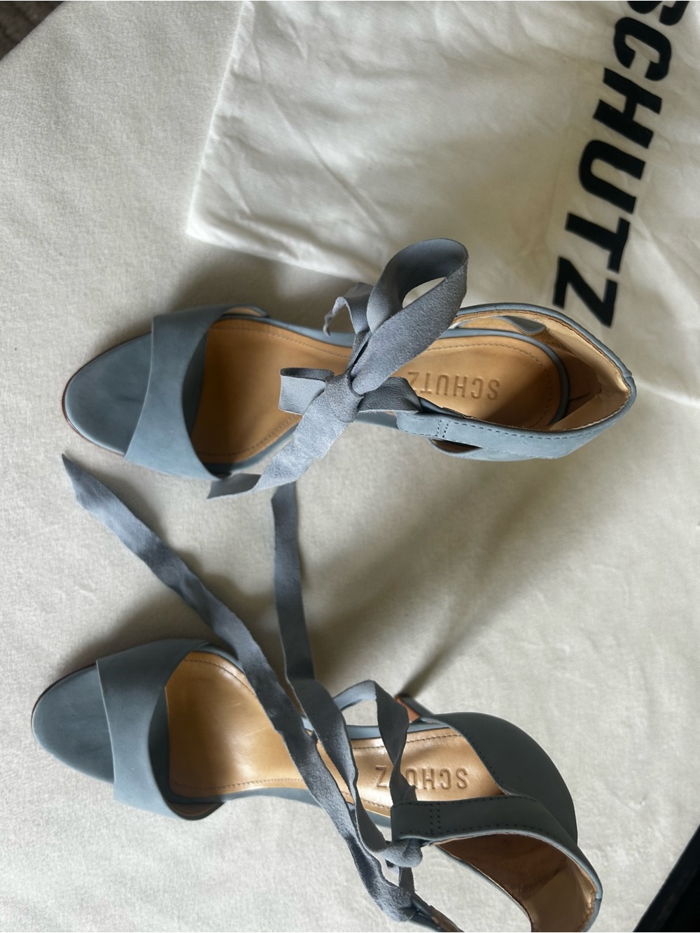 SCHUTZ Powder Blue Suede Lace-Up Heeled Sandals - Picture 3 of 8